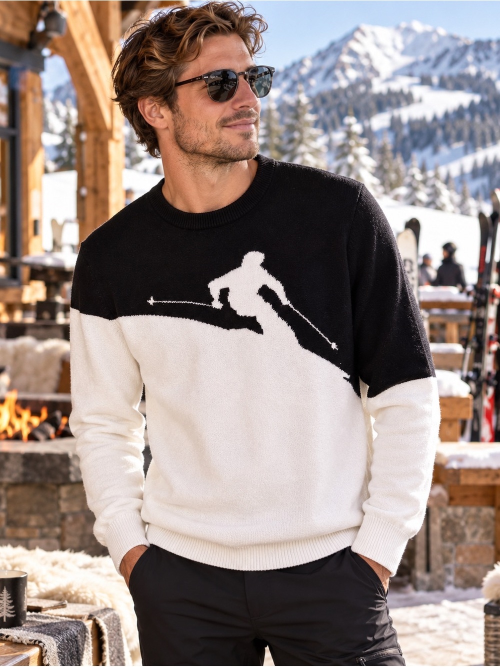 EXPRESS Ski Sweater Black Cream Skier Graphic Knit Retro Apres Ski Size Medium